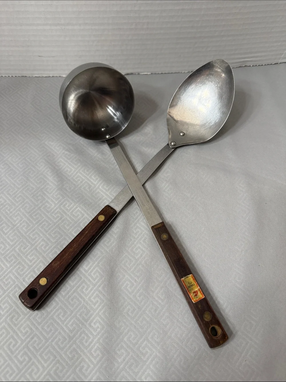 Vintage Mid Century Stainless Soup Ladle & Serving Spoon Wood Handle Taiwan 2 Pc